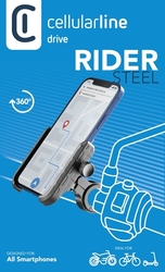 Univerzální hliníkový držák mobilního telefonu Cellularline Rider Steel na řídítka pro motorku i kolo, černý